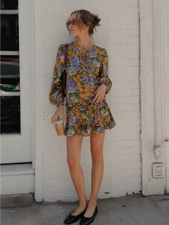 FARM Rio Dresses & Skirts - Floral Mustard Long-Sleeve Mini Dress